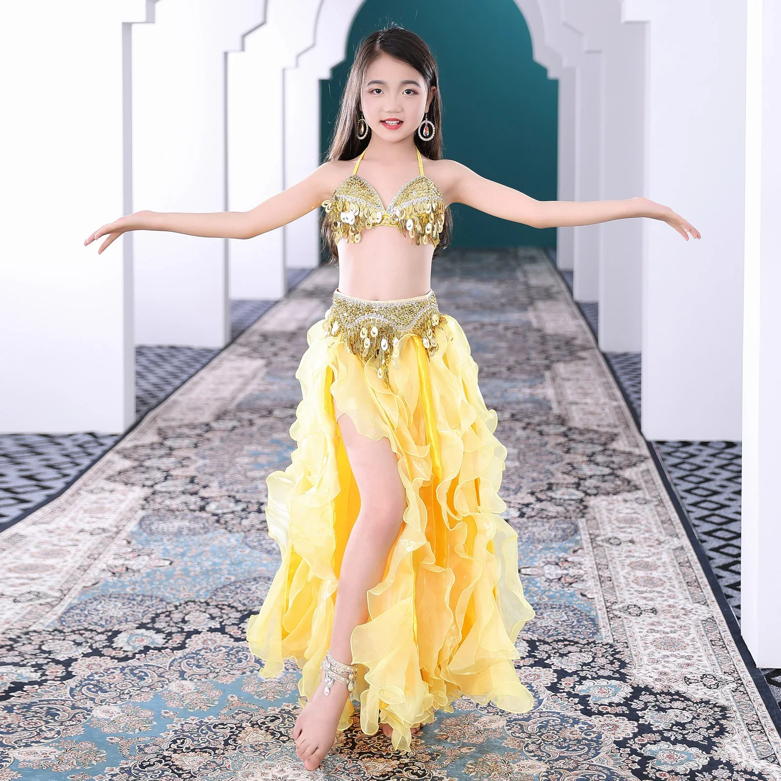 Belly Dance Costume Set Kids Oriental Dance Performance Children Belly Dancing Clothes Girls Outfit Bra Belt Skirt Girls Beaded