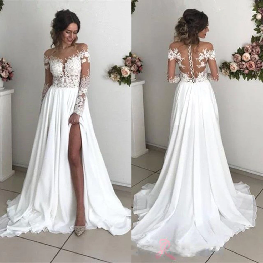 Elegante Spitze mit hoch geteilten Brautkleid ern Schatz A-Linie Chiffon Applikationen einfache Boho lange Vestidos de Noiva Brautkleider