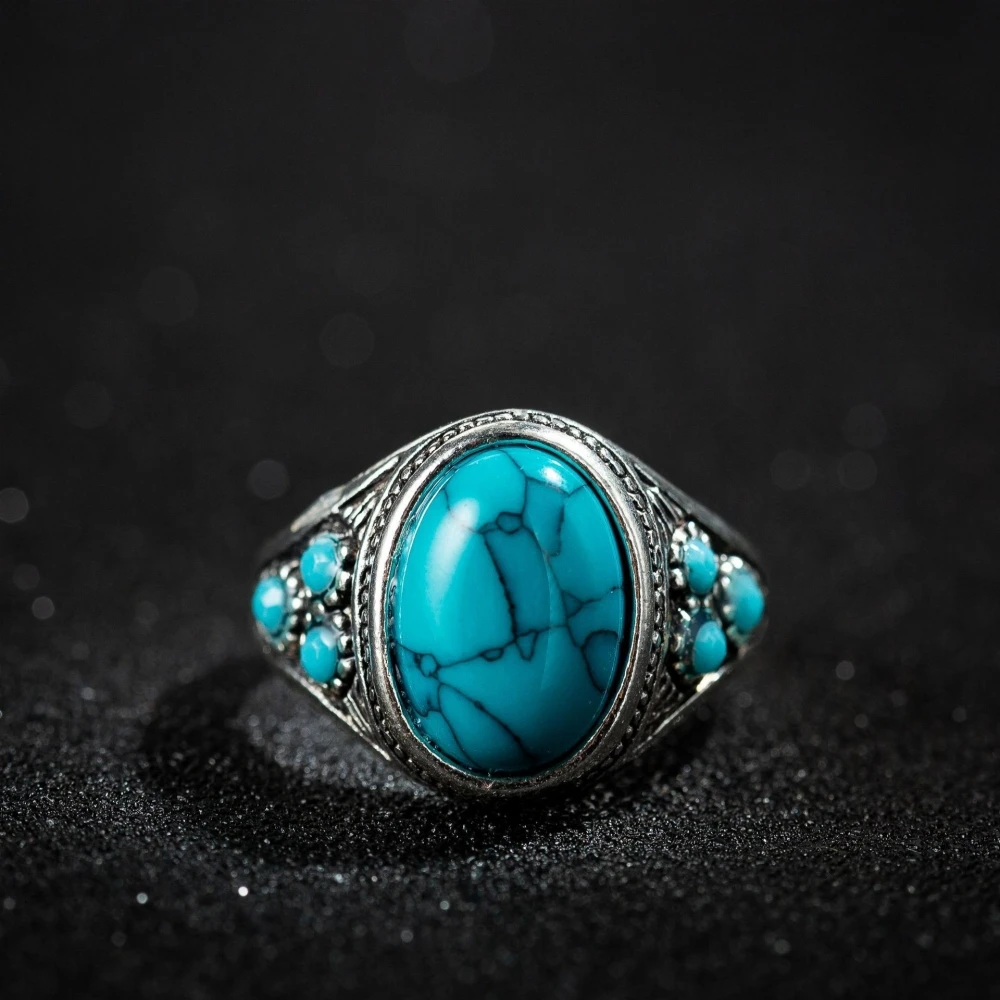 A New Creative Turquoise Ring Alloy Silver Plated Old Women\'s European and American Engagement Gift Ring