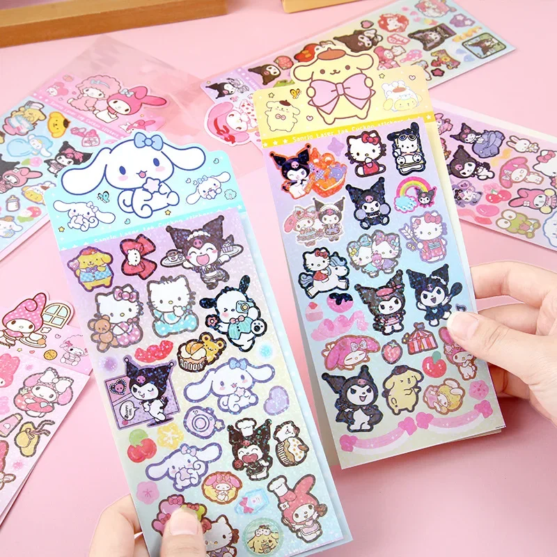 10pcs Mixed Cartoon Hello Kitty Kuromi Melody Cinnamoroll Laser Stickers Kawaii DIY Sticker Kids Toys Girls Gifts