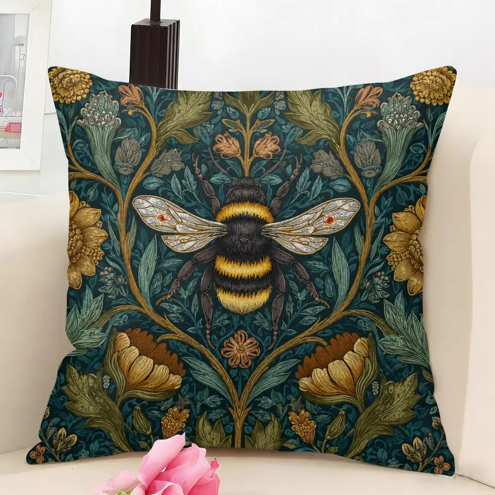 Bumblebee and Flower Cushion Cover Linen Pillow Cover 40x40cm Decorative Cushion Case Boho Home Sofa Decor Gift