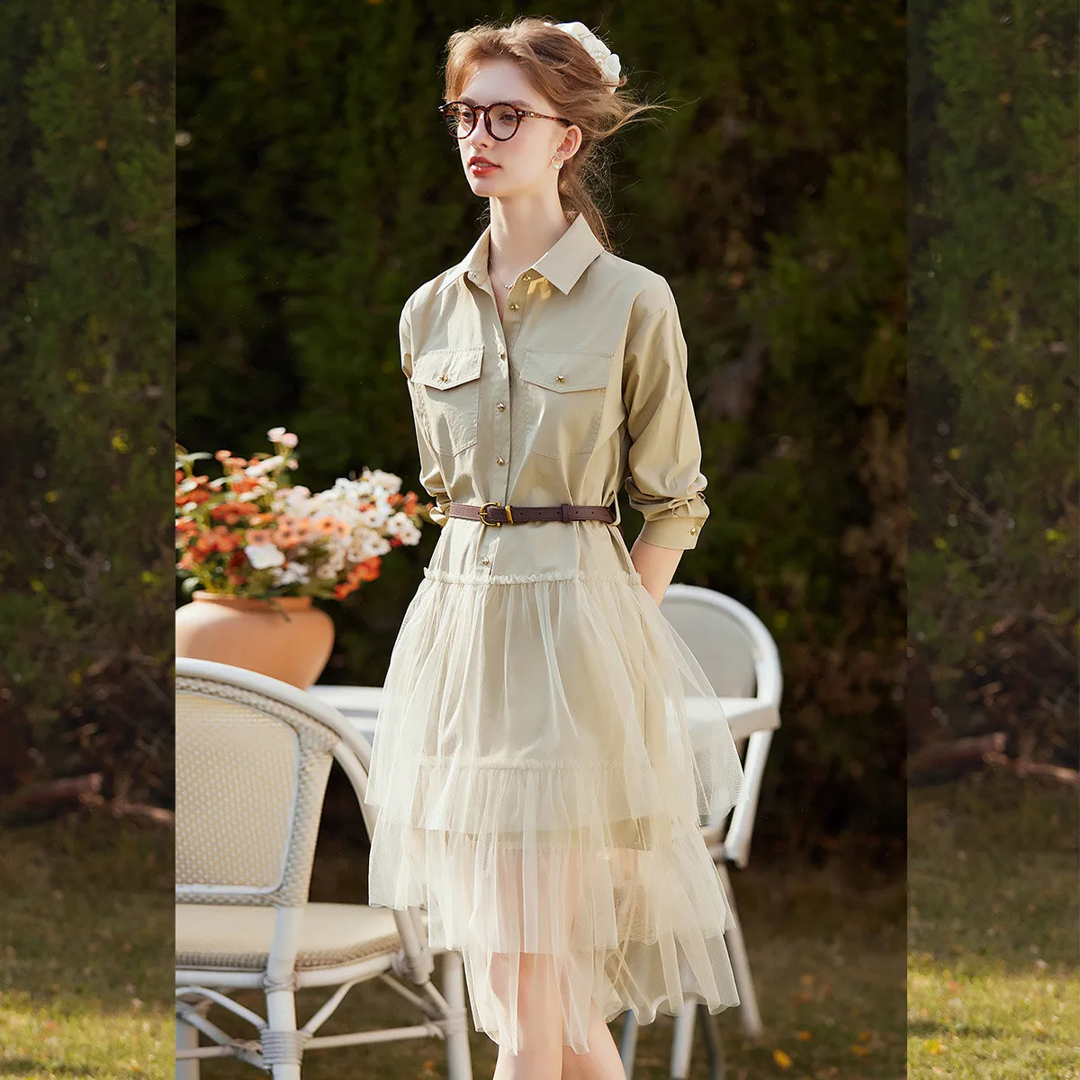 Fashion Mesh Splicing Women Dress Elegant Shirt Collar Half-Placket Detachable Belt Long Sleeve Dress Spring New 2025