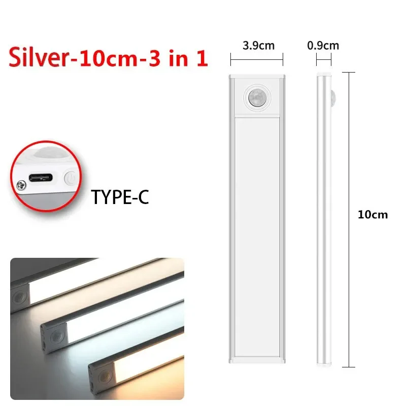3 In 1 Led Onder Kastverlichting Bewegingssensor Nachtlampje Ultradunne Oplaadbare Led Lamp Kast Keukenkast Binnenverlichting