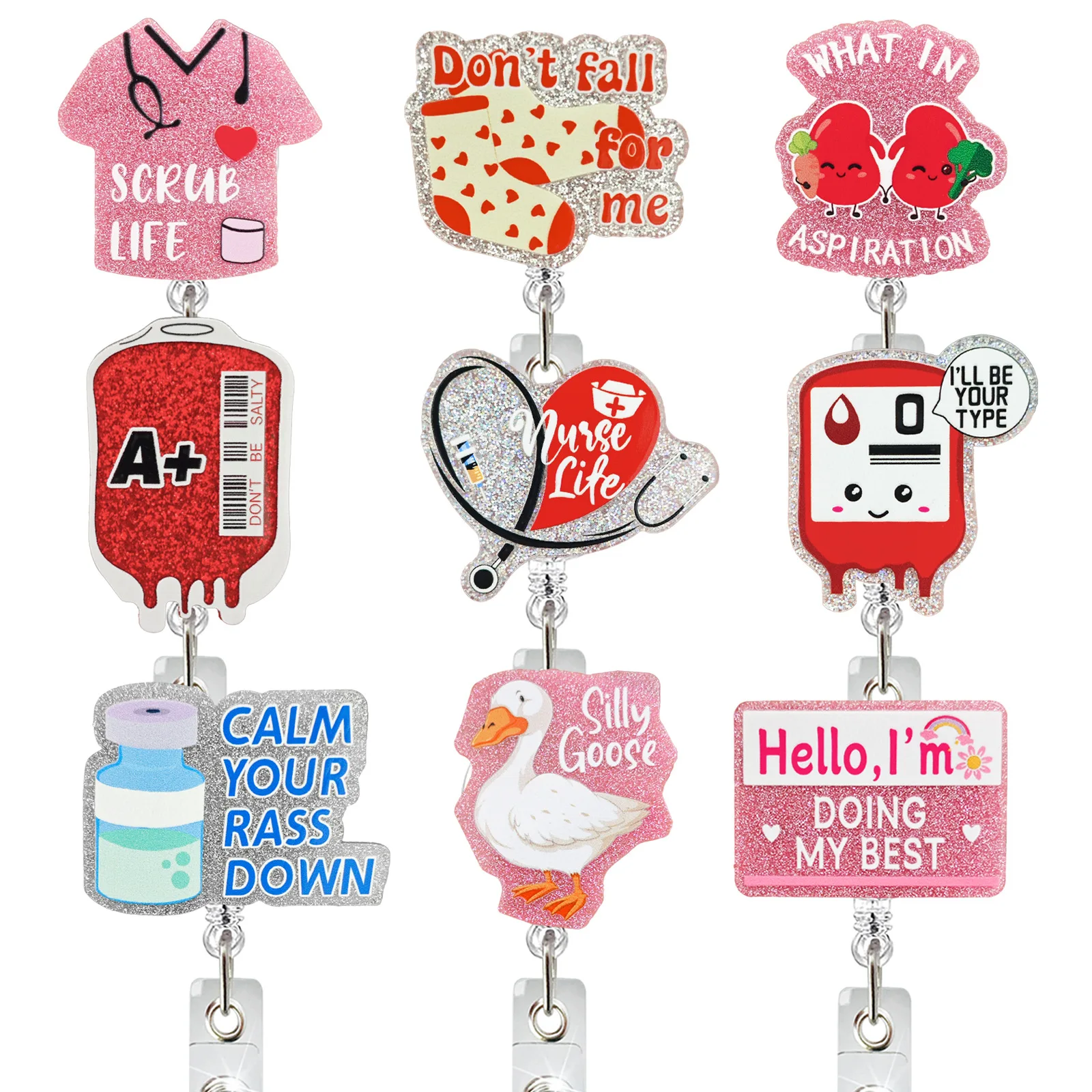 Glitter Acrylic Badge Reel Medical Scroll Clip Retractable ID Badge Holder Lanyard Charms Nurse Doctor Gift