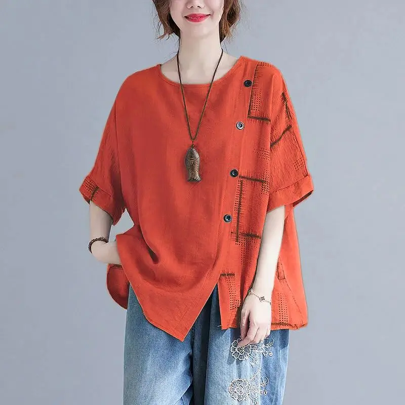 Summer New Cotton Linen Oversized Artistic Retro Women\'s Clothing Loose Slimming Covering Flesh Short Sleeved T-shirt for Women