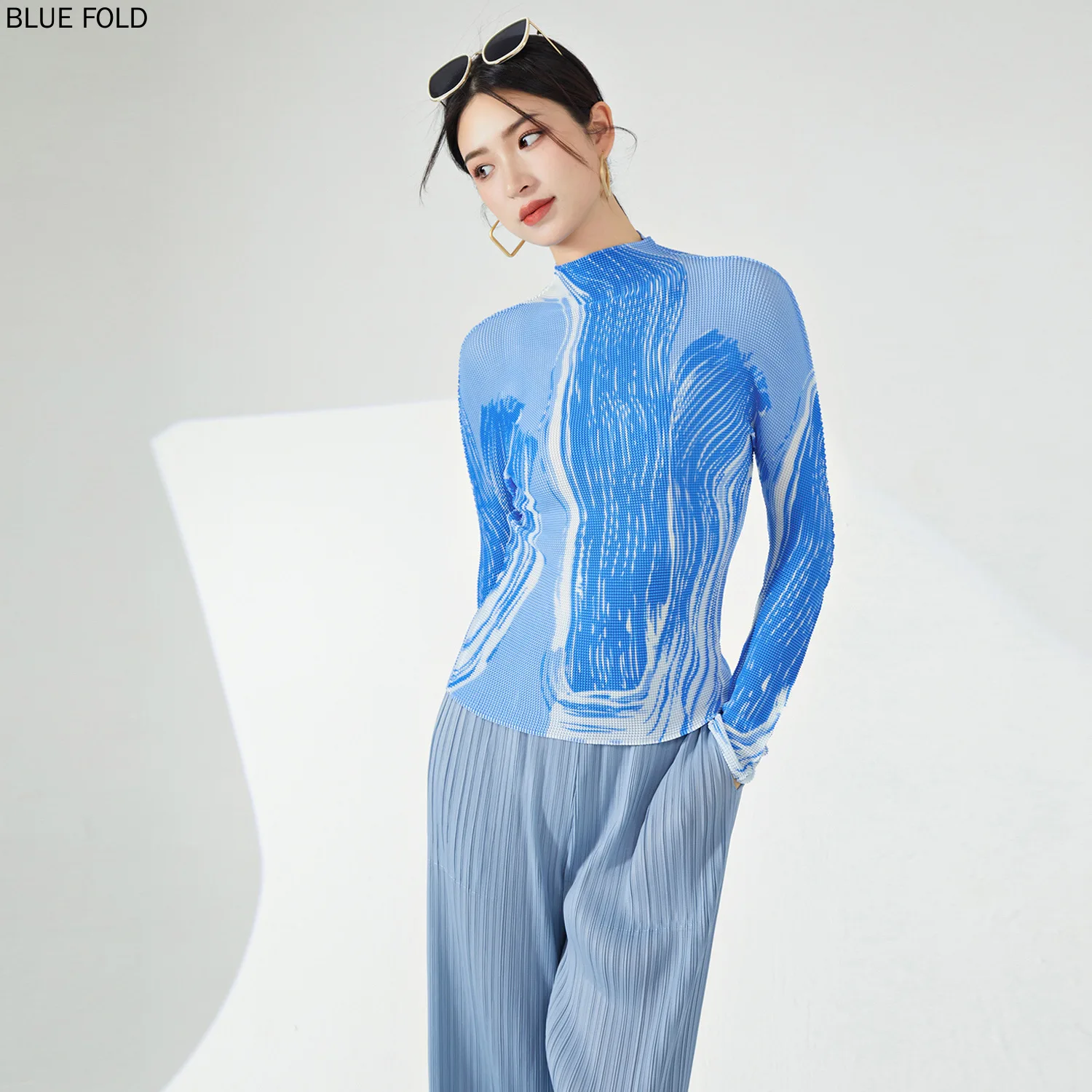 Miyake long sleeve T-shirt for women, printed half turtleneck, slim fit, pleated top, pleated blouses, spring style