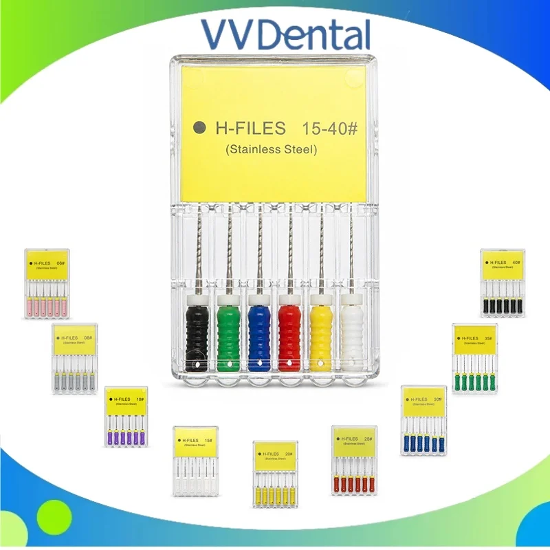 VV Hedstrom Endodontic Files Stainless Steel Dental H-Files for Root Canal 6 Pcs Size Range 06#-80# Length Options 21/25/31mmm