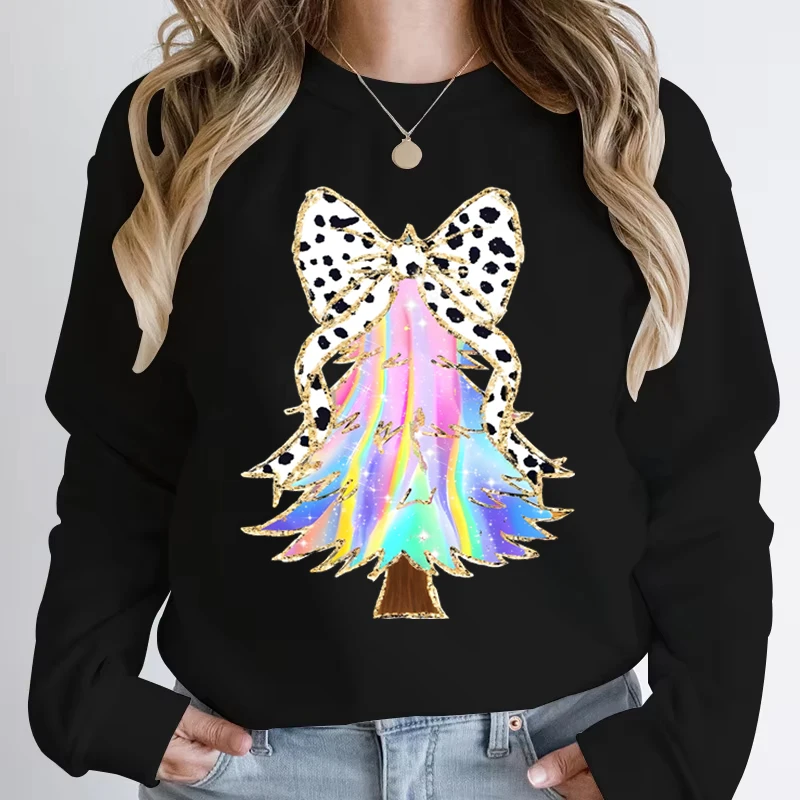 Creative Autumn Winter Women Sweatshirt Funny Leopard Print Bow Christmas Tree Sportswear Crew Neck Female Xmas Party Pullover