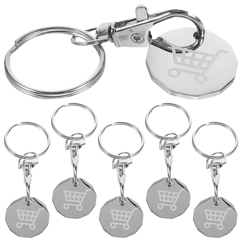 Aço inoxidável Metal Tokens Coin Keychain, Carrinho de compras Chaveiros Fob, Token Token Pendant, 6 pcs