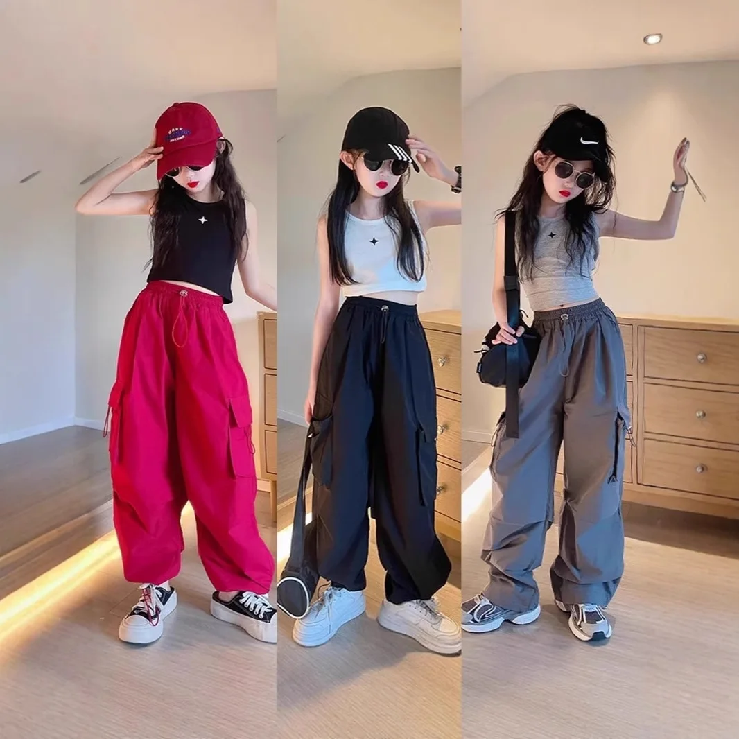 

New Girls Cargo Pants Wide Leg Loose Fit Casual Joggers for Teen Girls Autumn Streetwear Fashion Trousers for Kids Sweatpants