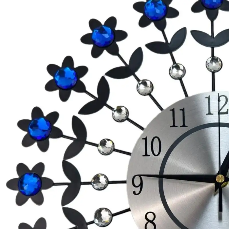Crystal Flowers Wall Clock None-Ticking Silents Battery Operated Clocks Decorative Wall Clocks for Living Room Decors HX6C
