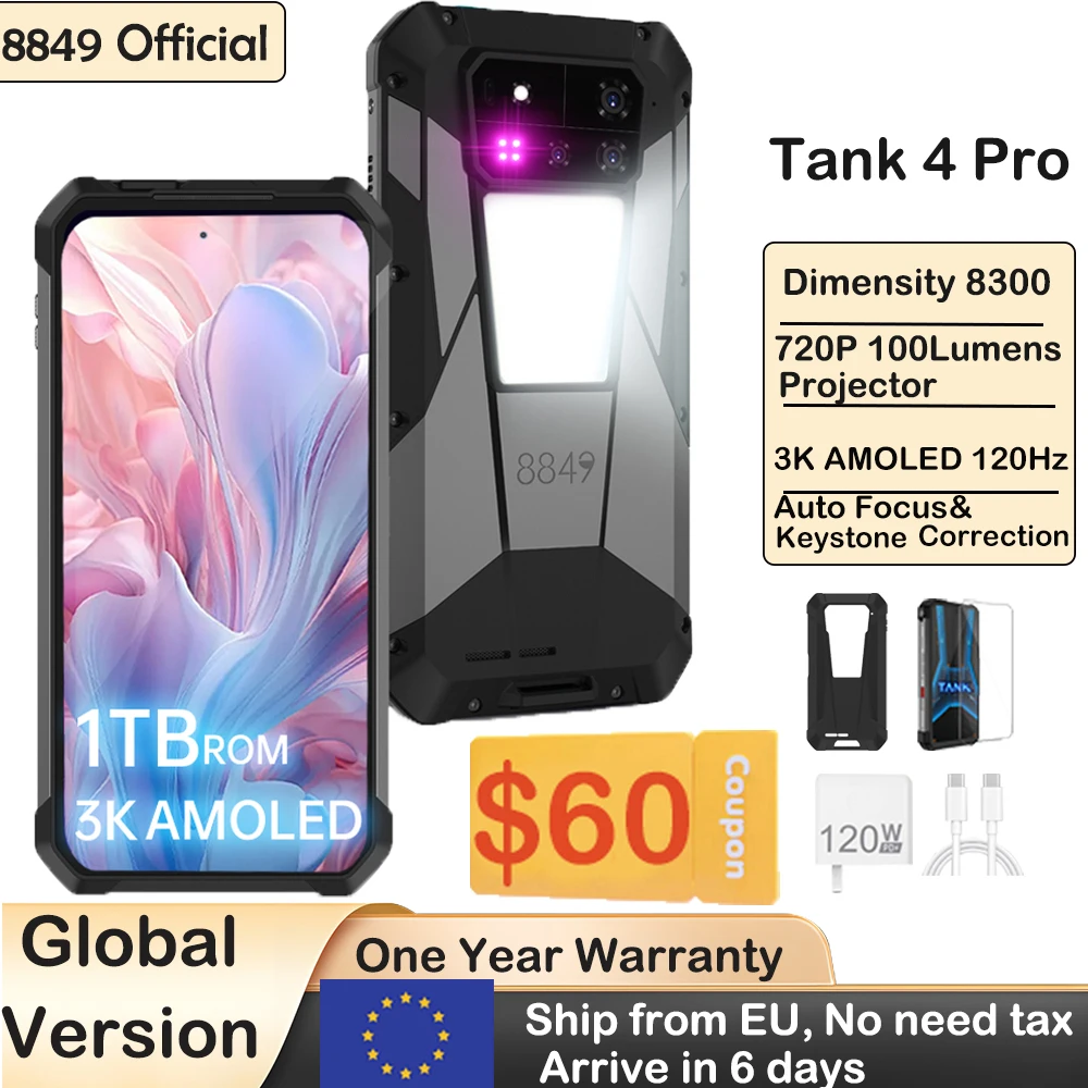 8849 Tank 4 Pro Unihertz 5G Rugged Projector Smartphone 1TB 36G Android 14 Sports Phone 11600mAh Dimensity 8300 AMOLED 120HZ