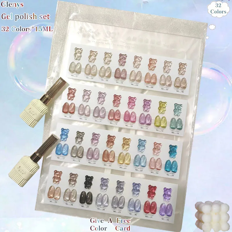 

Glenys 32-цветный лак для ногтей с ледяной кожей, голый кошачий глаз, гель-сетка, красный, популярный полуперманентный погружной гель, цветной набор лаков для карт