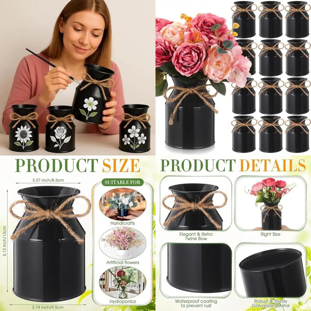 

Набор из 12 оцинкованных металлических ваз в деревенском стиле для свадебного декора, оптовые кувшины-банки для молока с бантом, подходят для домашнего декора ко Дню святого Валентина