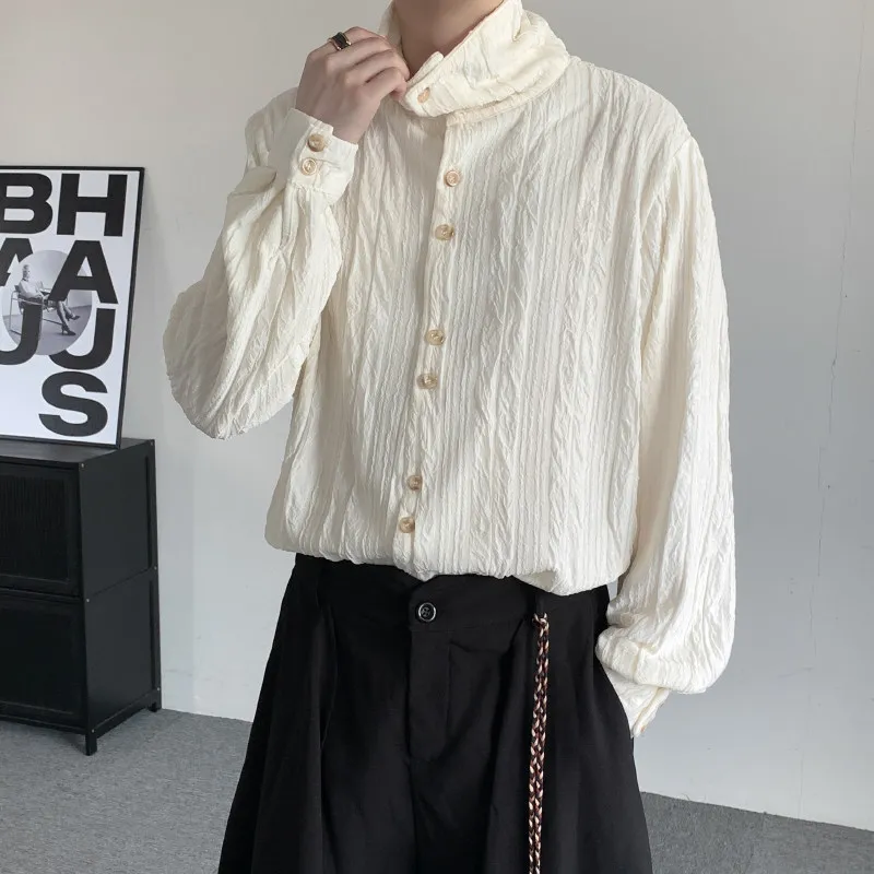 

Autumn Winter High Neck Texture Men's Long Sleeve Shirt Drape Design Base Layer Top Polyester Fiber Casual Fashion
