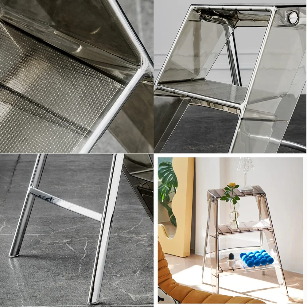 Step Stools for Adults, Acrylic 3 Step Ladder,2-in-1 Design with Ladder and Stool for Home and Library 330lbs Capacity