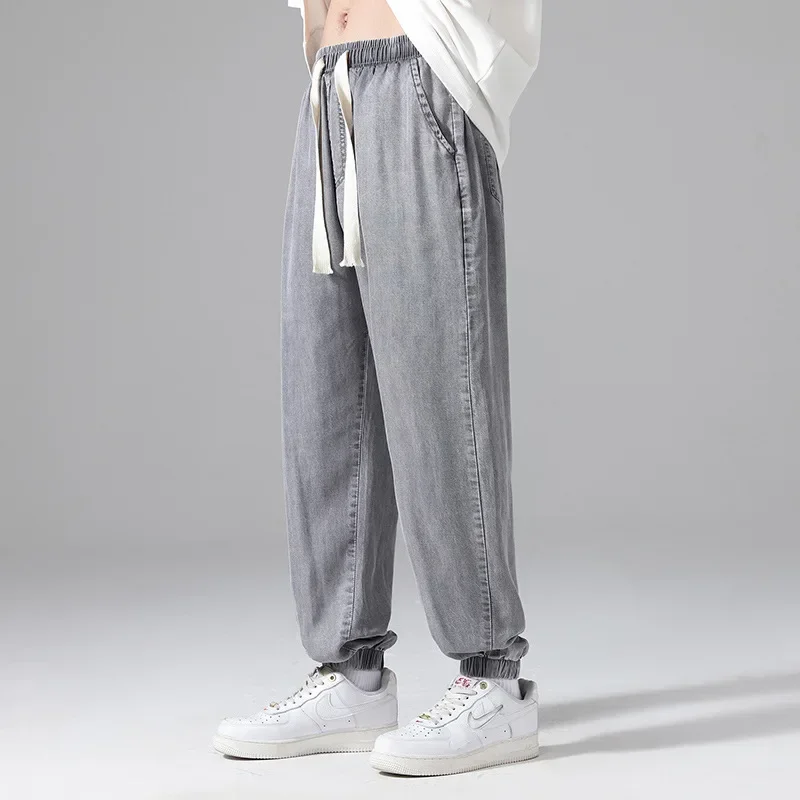 Japanese Style Men Fashion Tencel Jeans for Young People, New Style Super Thin Loose and Drapey Straight Tube Trousers in Summer