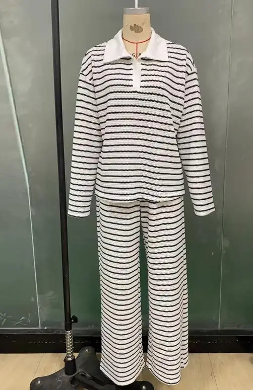 

Two Piece Set Women Outfit 2025 Spring Autumn Striped Turn-Down Collar Long Sleeved Pullover Top & Casual Wide Leg Pants Set