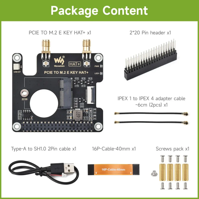【Waveshare genuine】- PCIe To M.2 E KEY HAT for Raspberry Pi 5, Compatible With NGFF (M.2 E Key) Wireless NIC, Supports USB Bluet