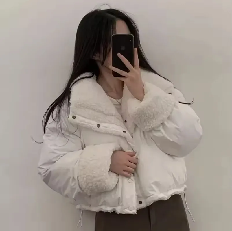 Double-sided Wear Women's Cotton Padded Jacket 2025 New Autumn Winter Chic  Furry Patchwork Short Parkas Female Warm Outwear
