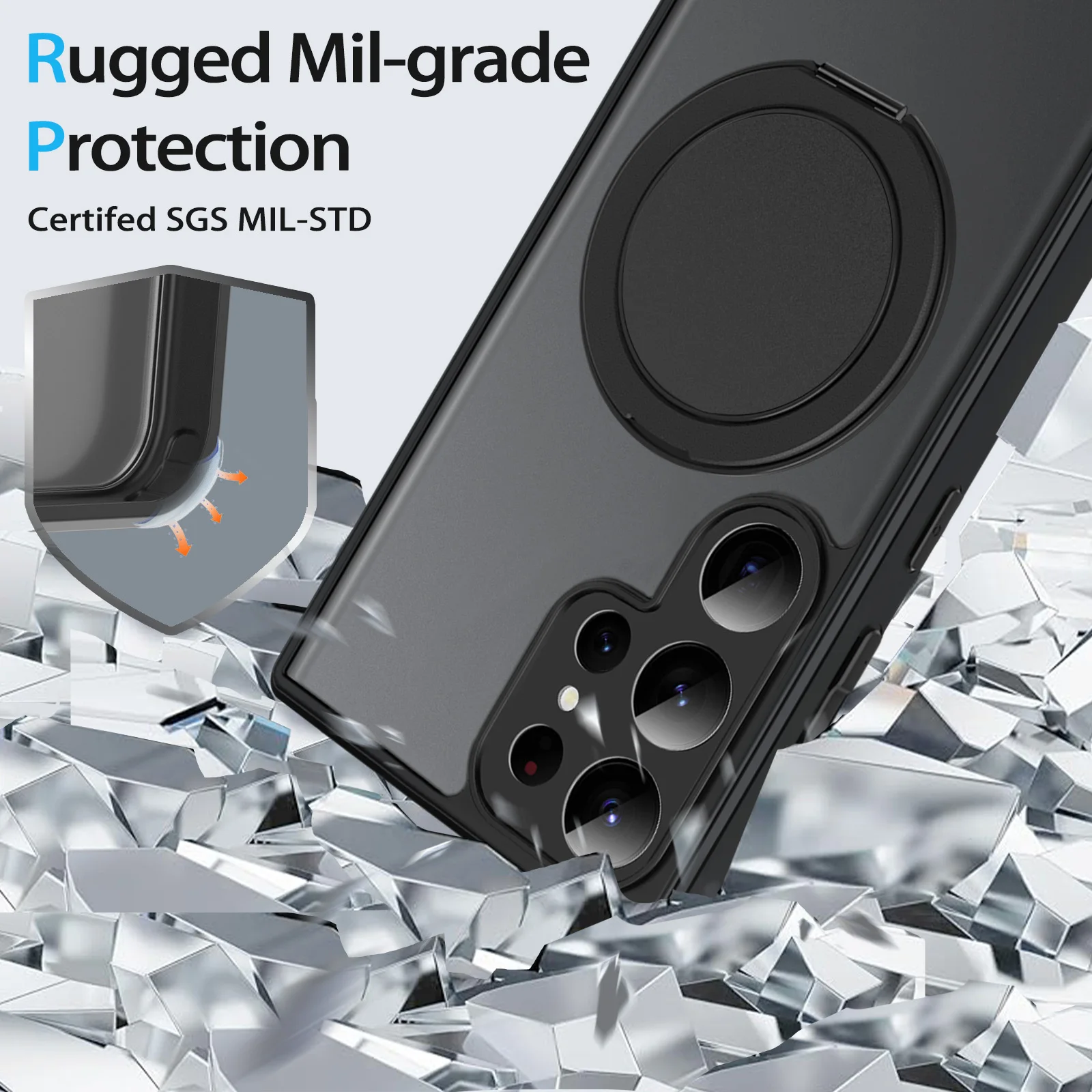 HARUINO Magnetic Case for Samsung S22 ULTRA Cover - Wireless Charger Compatible, Rotatable Ring Holder Stand, Anti Fingerprint