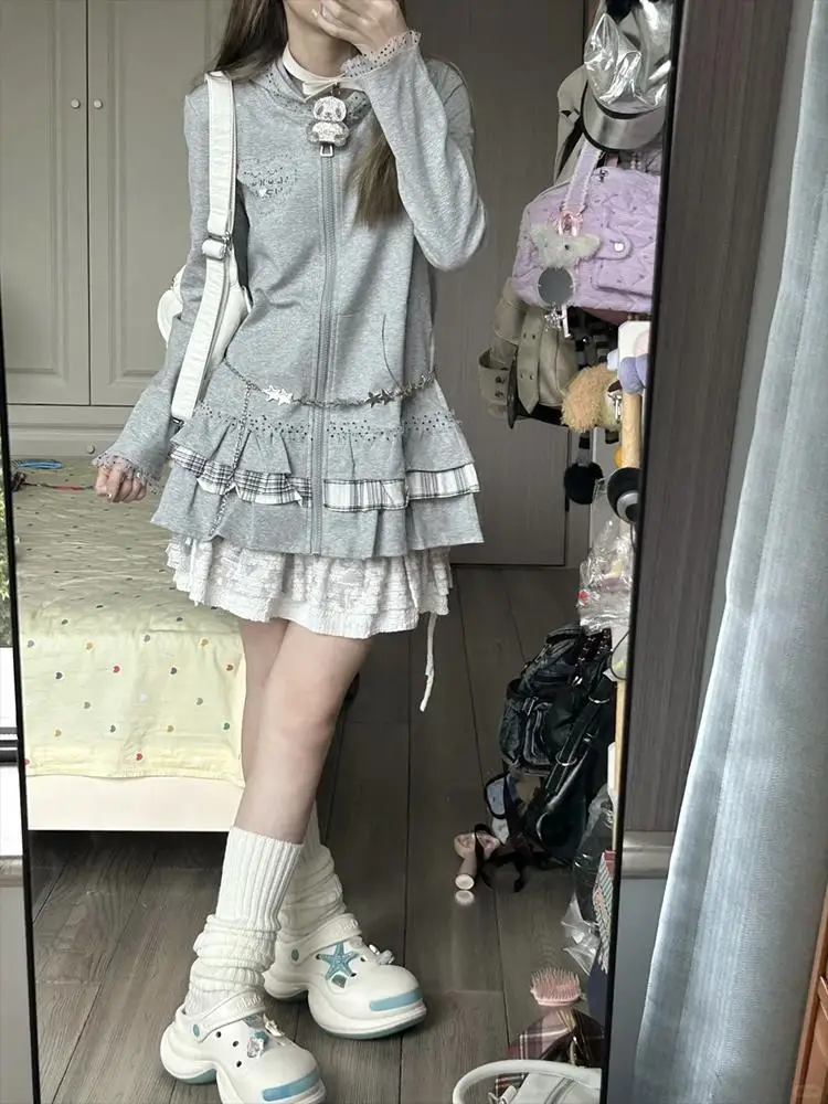 Y2K hot girl gray lace splicing plaid sweater hooded cardigan coat Harajuku casual retro autumn new ins cake skirt