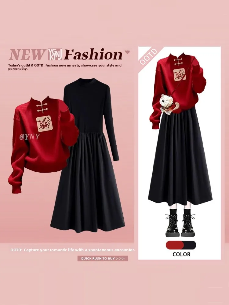 Rood gebreide Dr tweedelige set Dames Winter Nieuwjaar Ele Sle Age-Defng Faionable Long Sve Midi Dr en trui