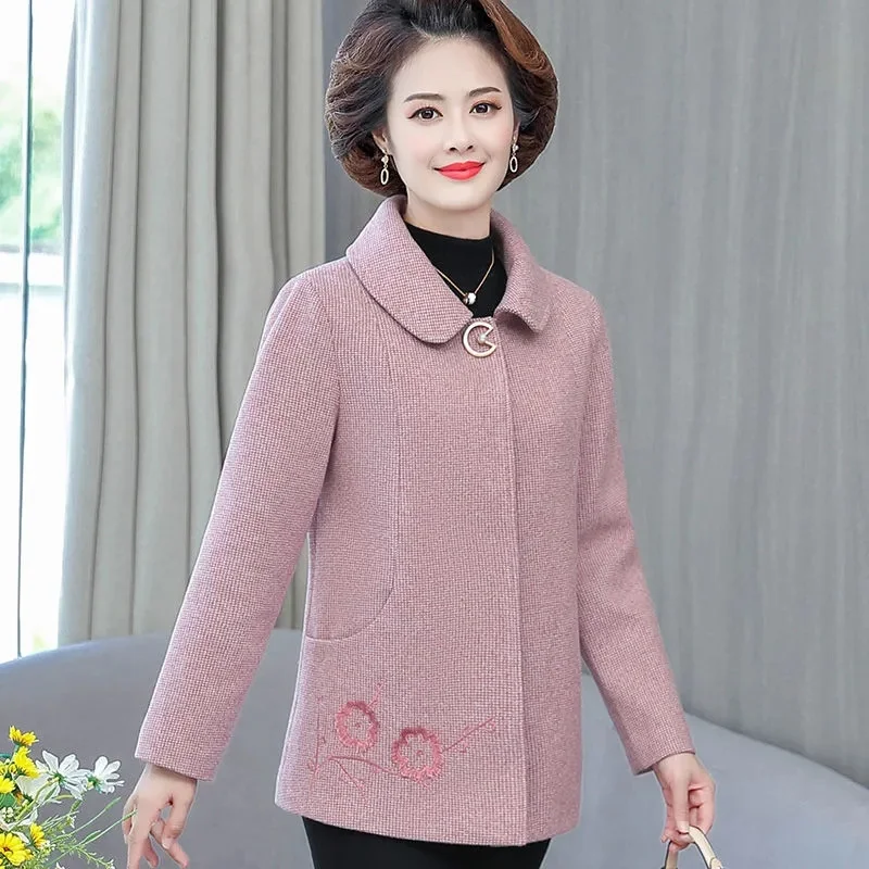 Autumn Ladies Embroidery Woollen Overcoat Middle Aged Mother Large Size 5XL Wool Blend Jacket Women New Long Sleeves Woolen Coat