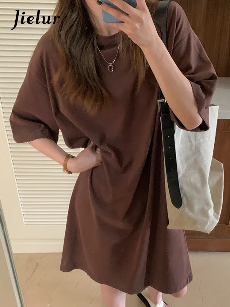 Jielur 여성용 코튼 화이트 원피스, 짧은 소매, 심플하고 루즈한 커피 블랙 원피스, 단색 롱 탑, 여성 드레스 M-XL, 여름