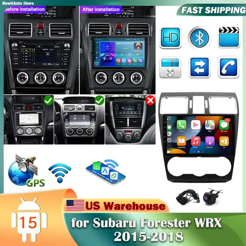 9Inch Android 15 Car Stereo Multimedia Radio Player 2GB+32GB for Subaru Forester WRX 2015-2018 Wireless Carplay Android Auto GPS WiFi DSP SWC Split Screen Mirror Link FM Bluetooth + AHD Rear View Camera