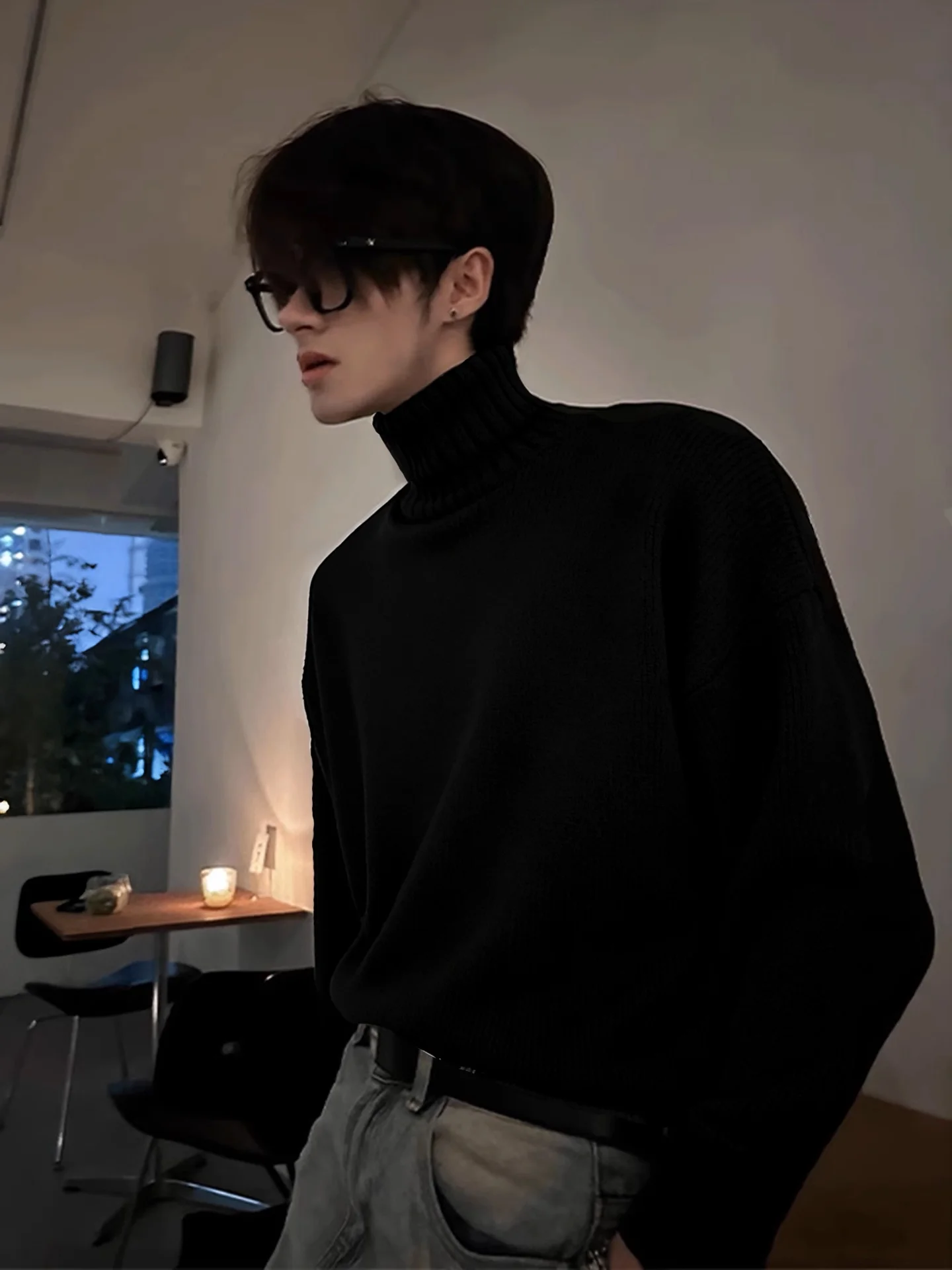 

Men's High Collar Fce Lined Knitwear Thiened Autumn Winter Sweater Casual Sle Base Layer irt Warm Soft Pure Color