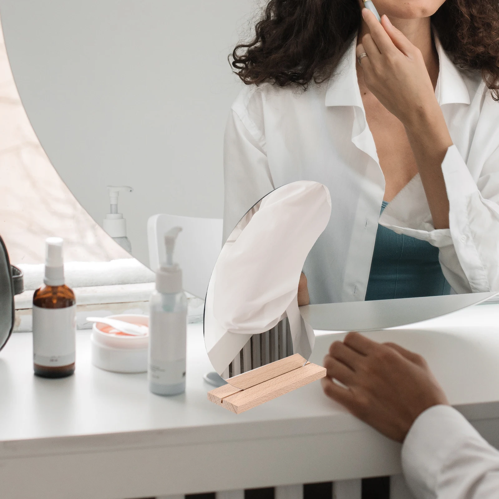 

Wooden Base Acrylic Makeup Mirror Desktop Irregular Mirror Stand for Bedroom Office Vanity Decor Aesthetic Desk Decor