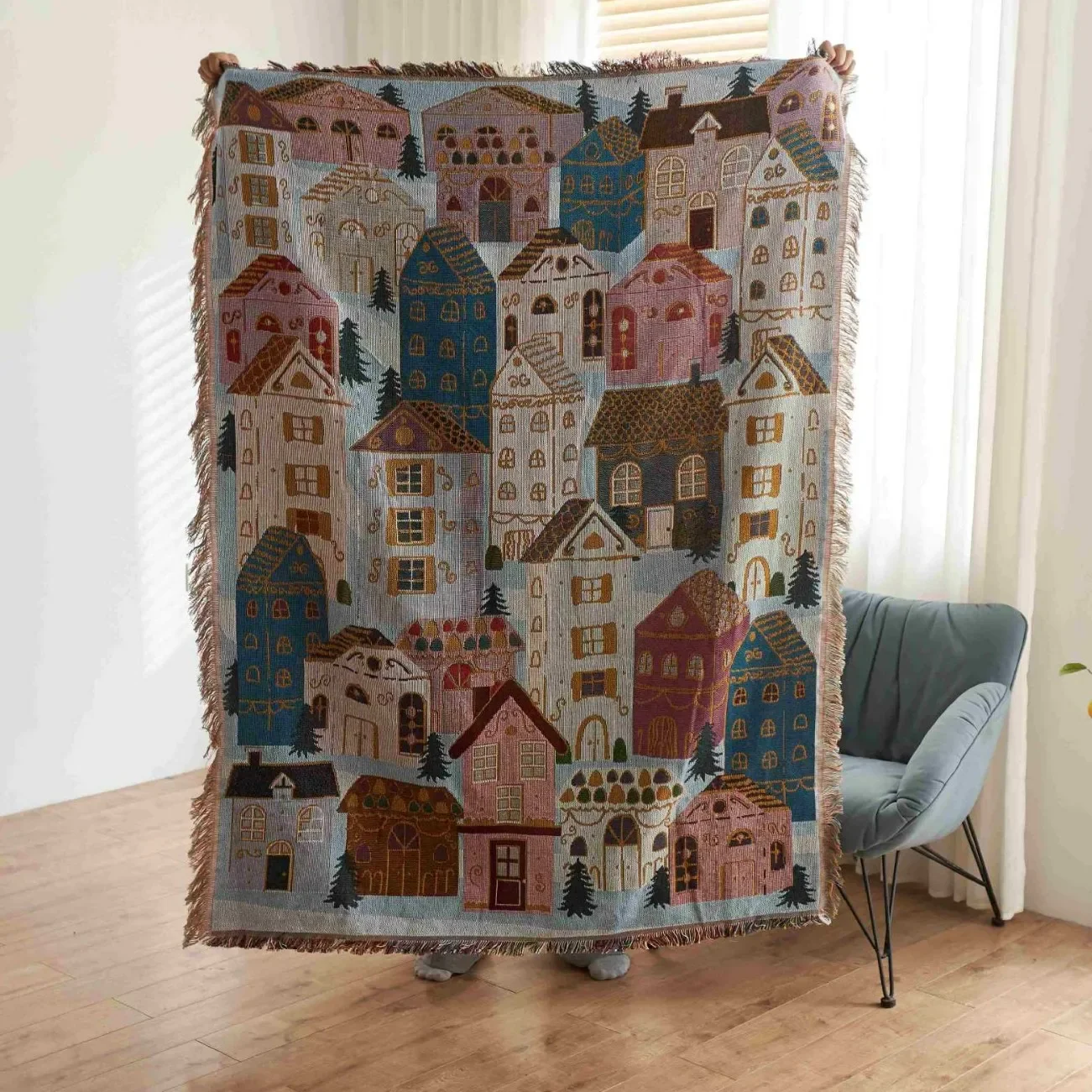 Whimsical Winter Village Jacquard Throw Blanket Cute Fairy Tale Town House Woven Tapestry Bohemian Christmas Cottage Fringe
