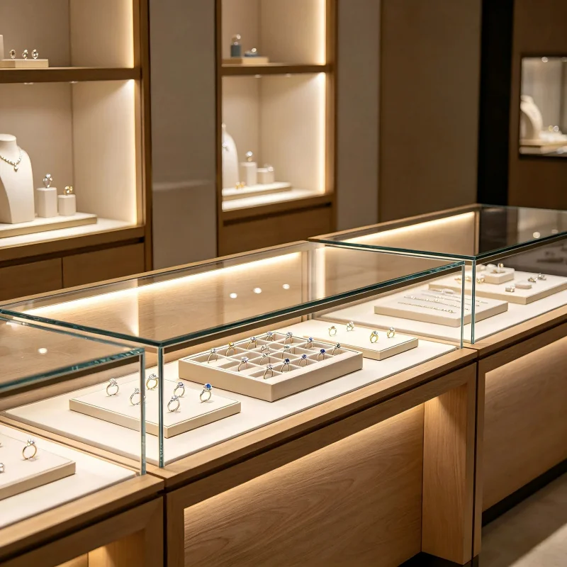 custom.Showcases Wood and Glass Display Rings Jewelry Retail