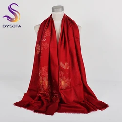 [BYSIFA] Maroon Red 100% Wool Scarves Shawls Embroidered Women Fashion Fall Winter Solid Long Neck Scarves Hijabs Headscarves