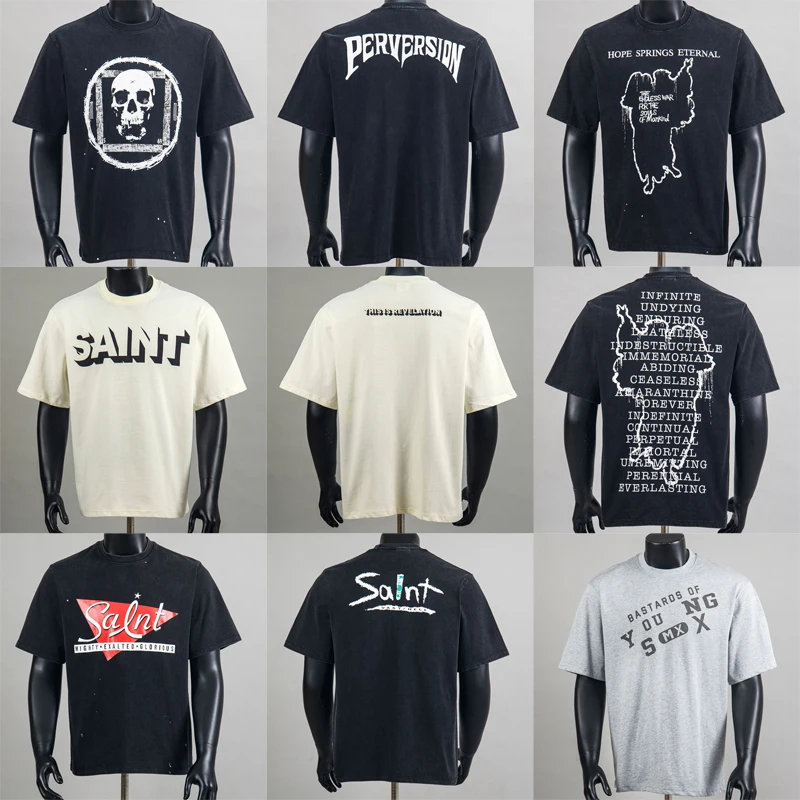 Streetwear Brand American Retro Washed Distressed Saint T-shirt High Quality Versatile Fashionable Short Sleeve Stock