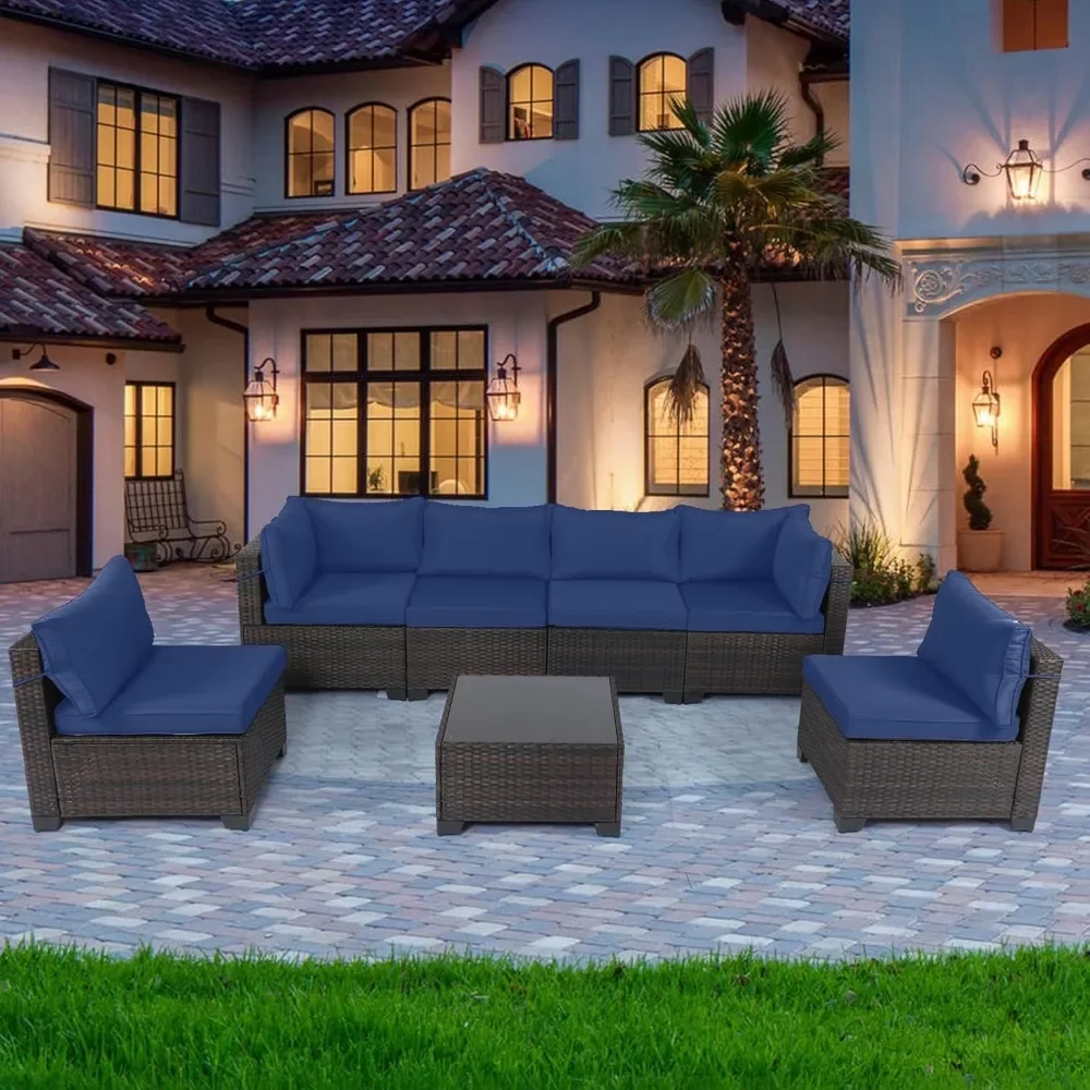 

7 Pieces Outdoor Patio Furniture Sets with Tea Table, Rattan Conversation Sectional Set, Manual Weaving Wicker Patio Sofa