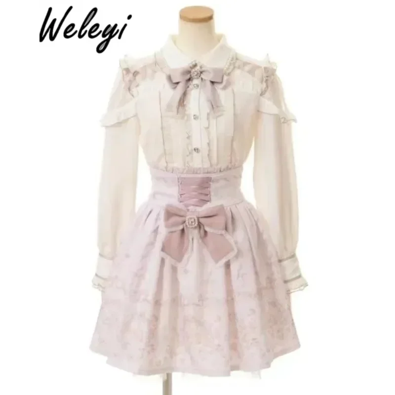 Sweet Japan Style Lolita Women Strap Skirt 2024 Spring New Ribbon Bow with Diamond Heart Button Detachable Printed Slip Skirts