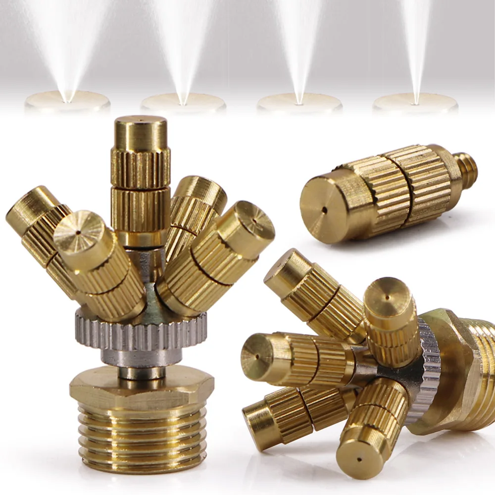 5-Head Adjustable Brass Misting Nozzle w/ Adapter Base 0.2-0.8mm Atomizing Sprayer Outdoor Courtyard Garden Cooling Humidifying