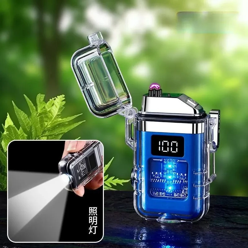 Transparent Windproof Metal Lighter for Men, Dual Arc, Plasma Pulse, Flameless, Outdoor Waterproof Tool, High End Gift, New