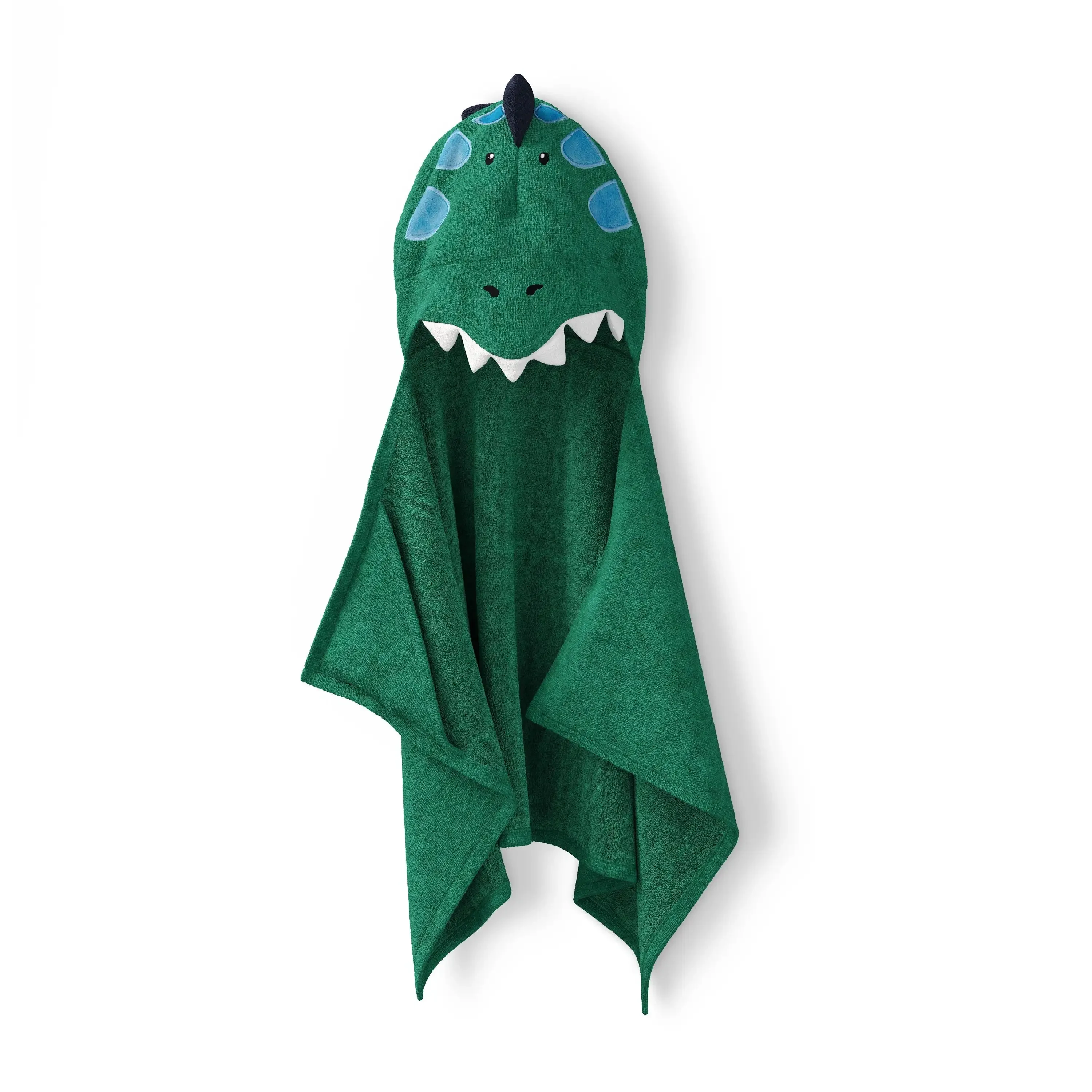 Hooded Cotton Terry Bath Towel, 25 in X 50 in, Green Dino Pattern