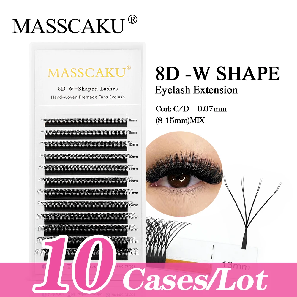 MASSCAKU 10cases/lot Two Tips W Shaped 3D 4D 5D 6D 7D 8D Premade Fans High Quality False Eyelashes Extensions Makeup Supplies