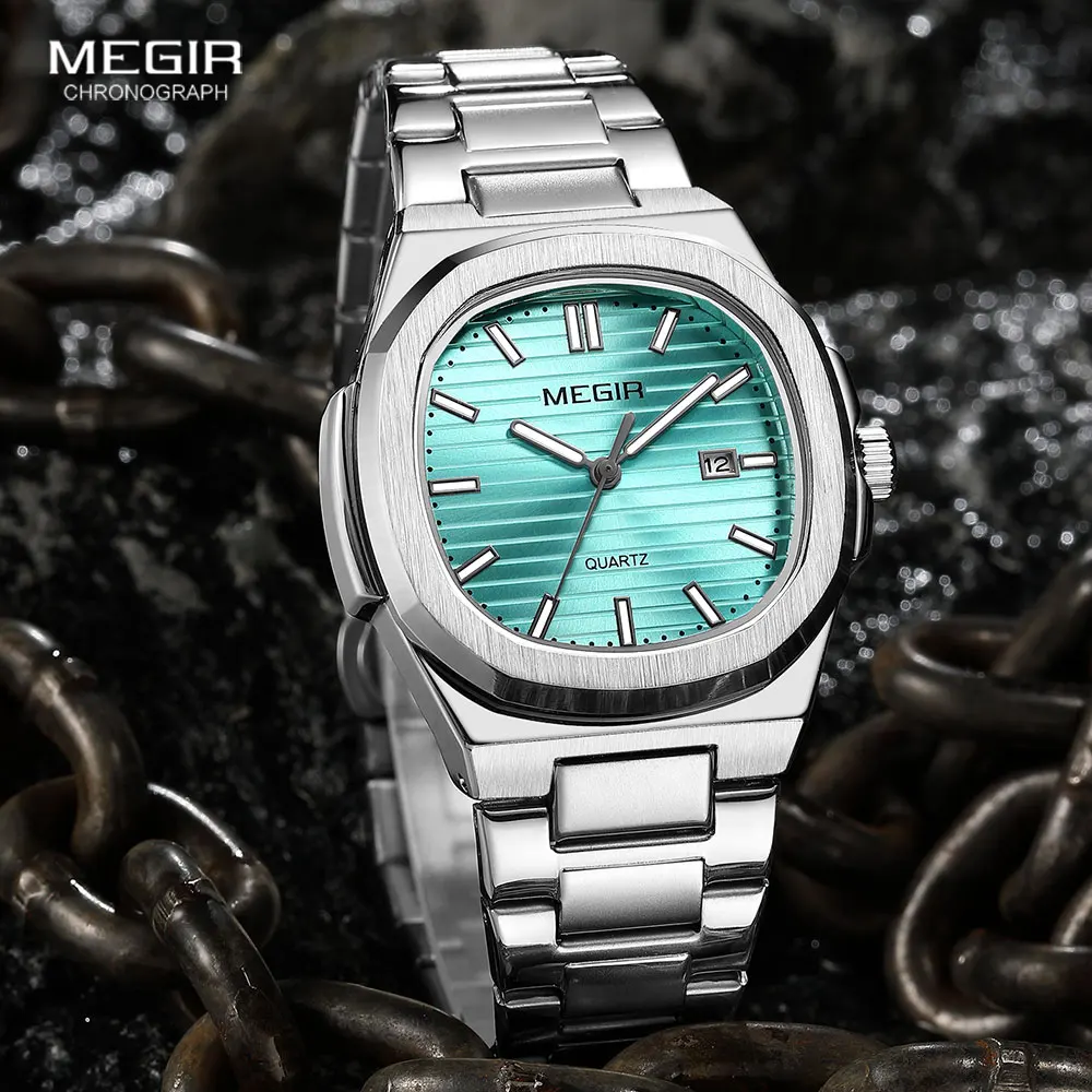 MEGIR Men's Classic Dress Watch with Golden Stainless Steel Band Oval Green Dial Waterproof Quartz Wristwatch with Luminous Hand