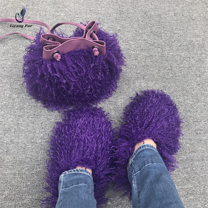 

Winter Warm Women Fashion Luxury Faux Fur Shoes And Fur Purse Fluffy Plush Faux Curly Sheep Fur Slipper And Bat Sets