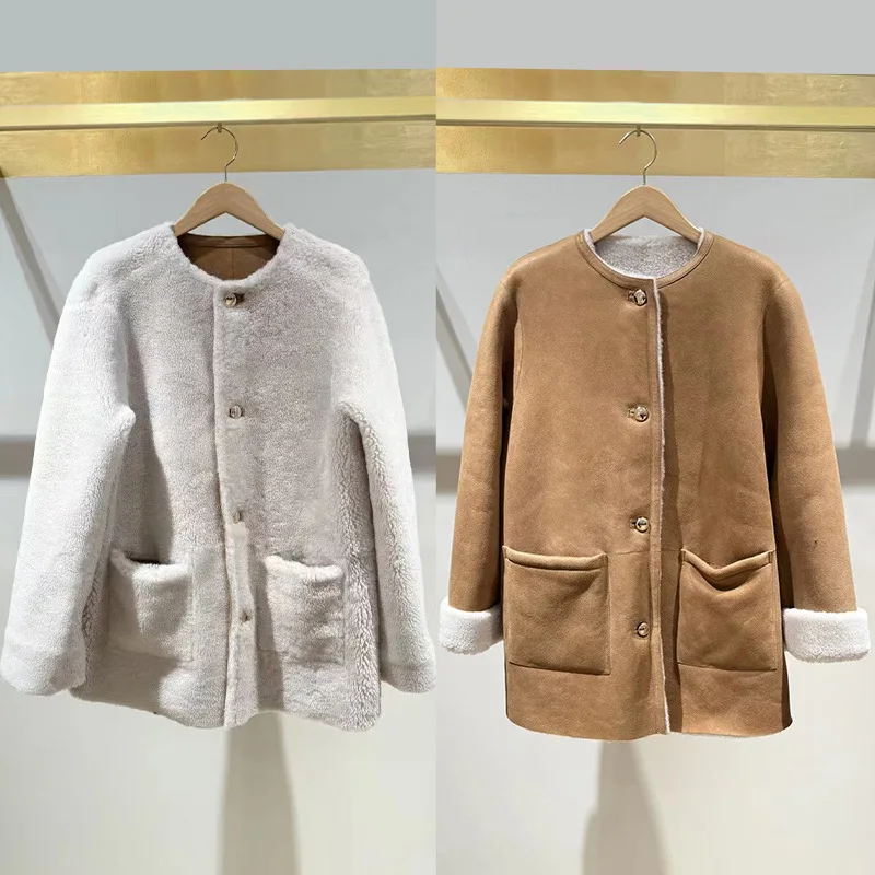 

【Gift Free】2025 French-Italian Niche Autumn Winter Fashion Reversible Single-Breasted Gold Button Round Neck Mid-Length Coat