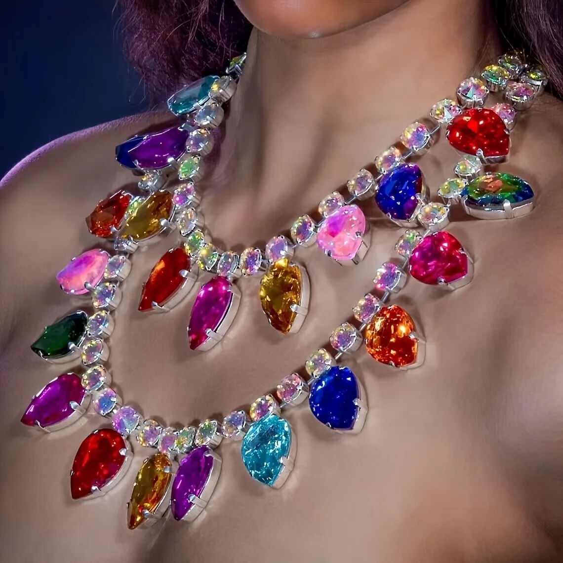 Multicolour Water Drop Crystal Necklace Oversized Statement Layered Rhinestone Choker Necklace for Women Holiday Party Jewelry