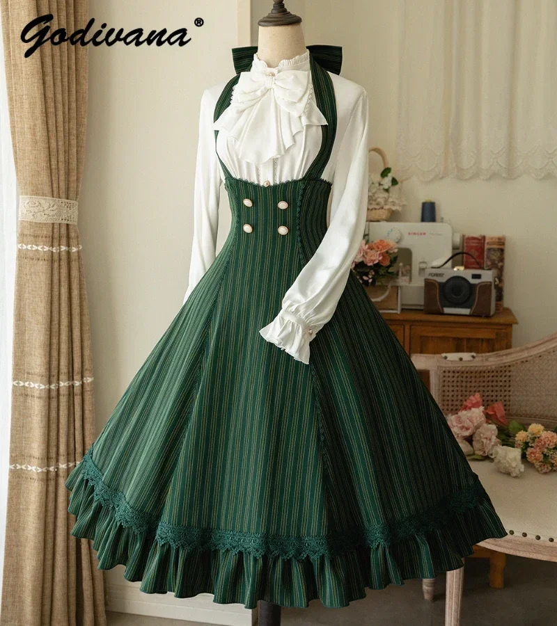 

Original Design Women's Spring and Autumn JSK Shirt Long Sleeve Blouse with Lolita French Style CLA Striped Suspender Dress