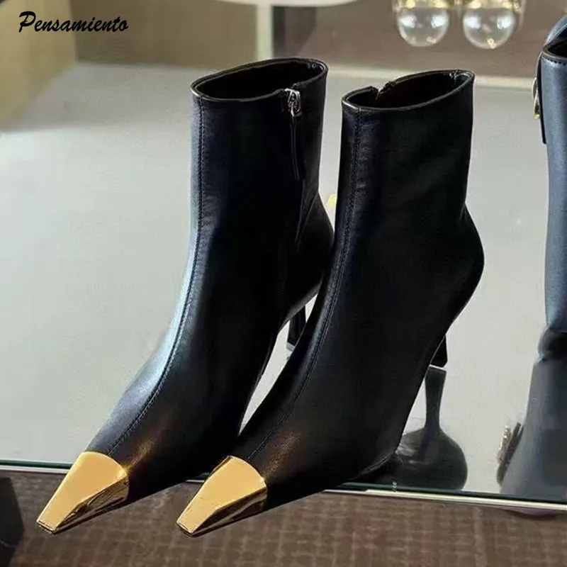 

Star style Fashion Metal Square toe Leather Women Ankle Boots Elegant Autumn Winter Thin High heels Chelsea Short Boots Shoes