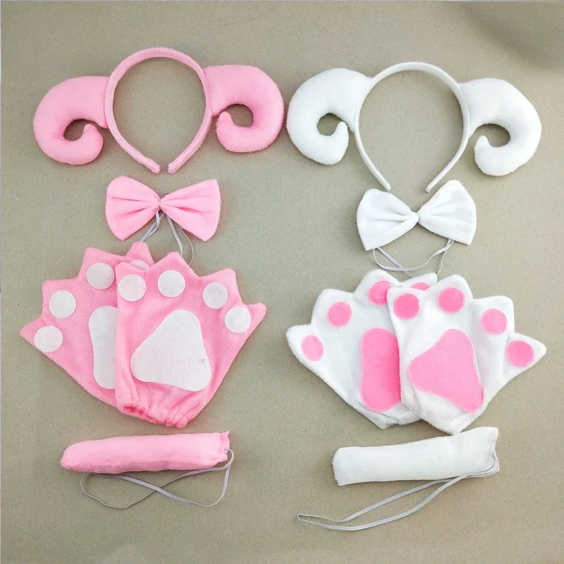 10pcs Plush Goat Sheep Horn Headbands Tail Bow Gloves for Halloween Cosplay Soft Costume Accessories for Themed Parties
