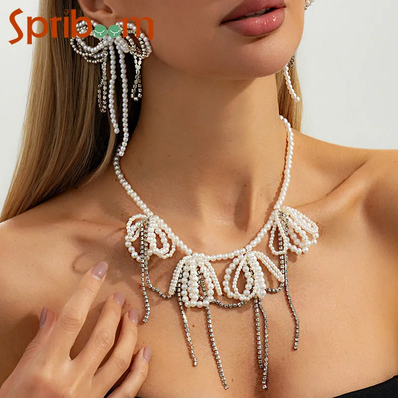 

Tassel Bow Necklace for Women Imitation Pearl Beaded Necklaces Earrings French Retro Jewelry Temperament Accessories